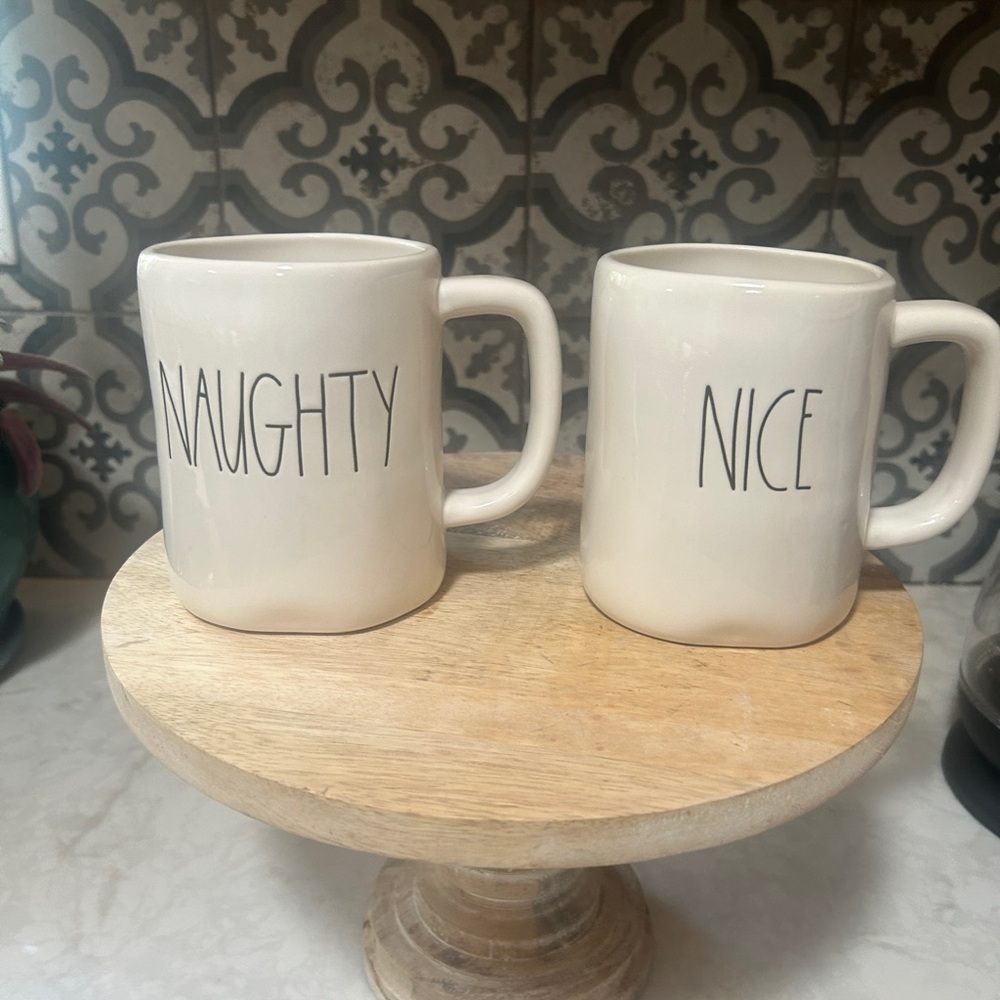 Rae Dunn White Ceramic Mugs Minimalist Dining Set of two. NAUGHTY & NICE